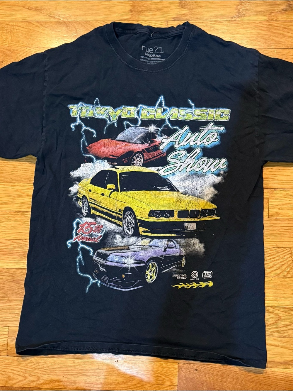 Rue21 Black Short Sleeve Tee with Yellow, Red and Purple Car Graphic